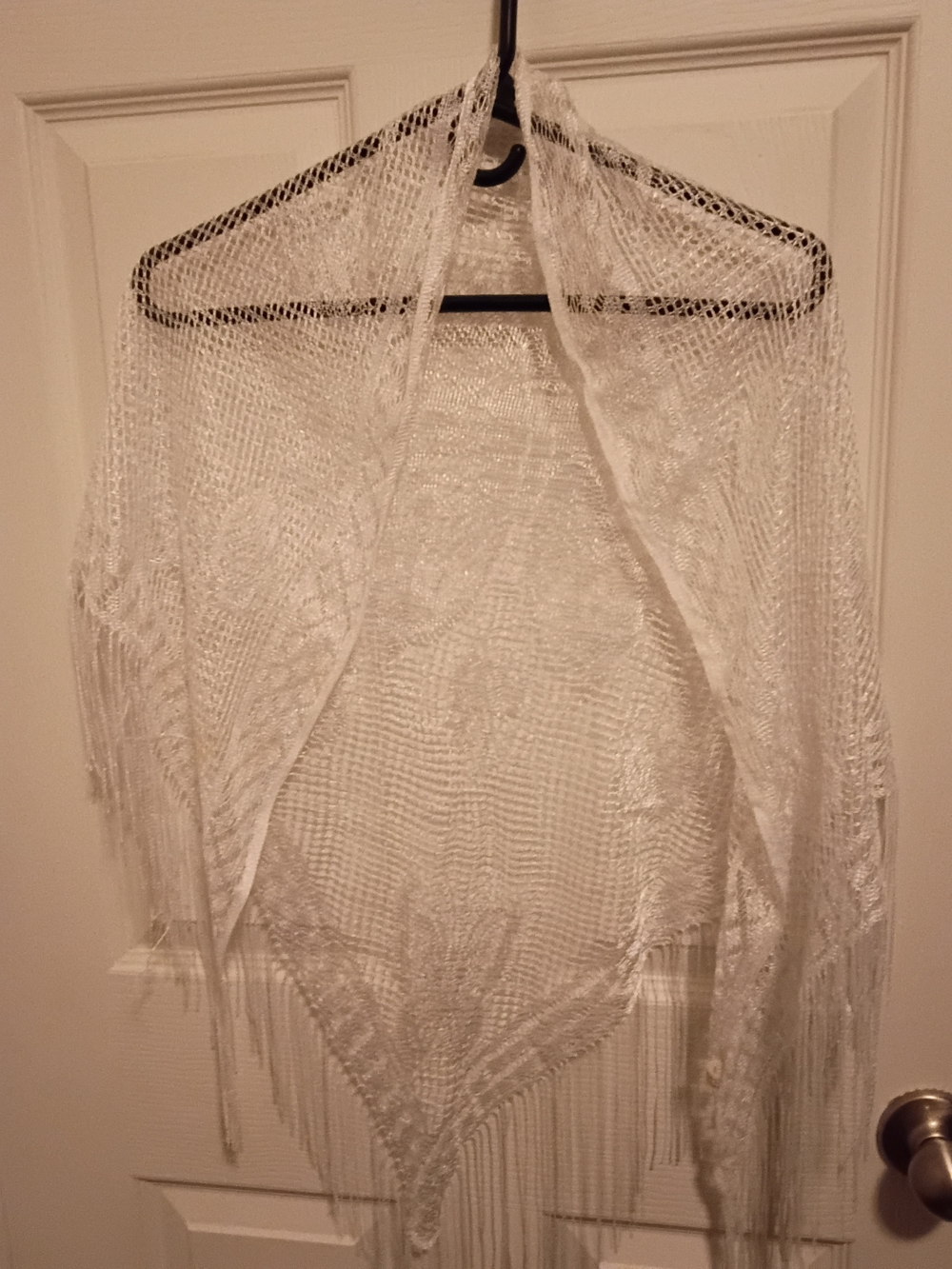Sheer White Fringe Knit Shawl